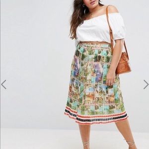 ASOS pleated postcard print midi skirt size 14
